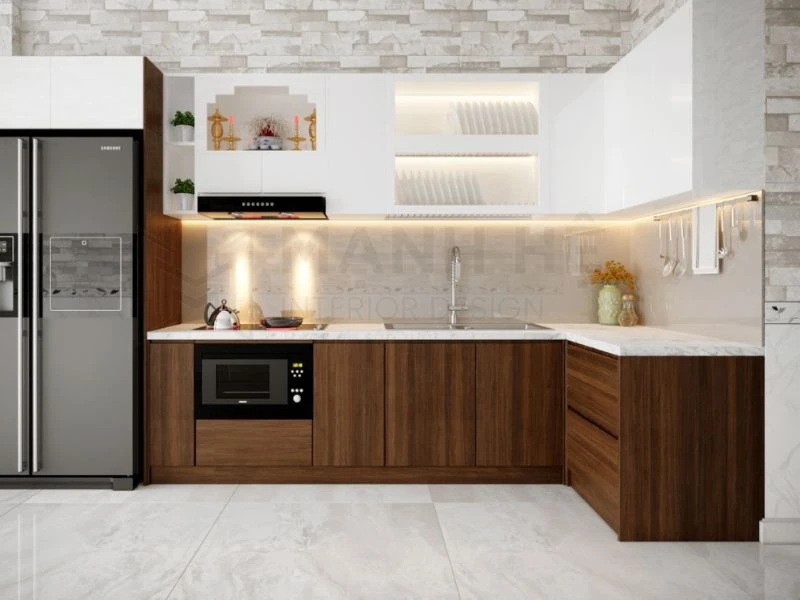 Mẫu thiết kế nội thất phòng bếp đẹp với tủ bếp chữ L cho chung cư