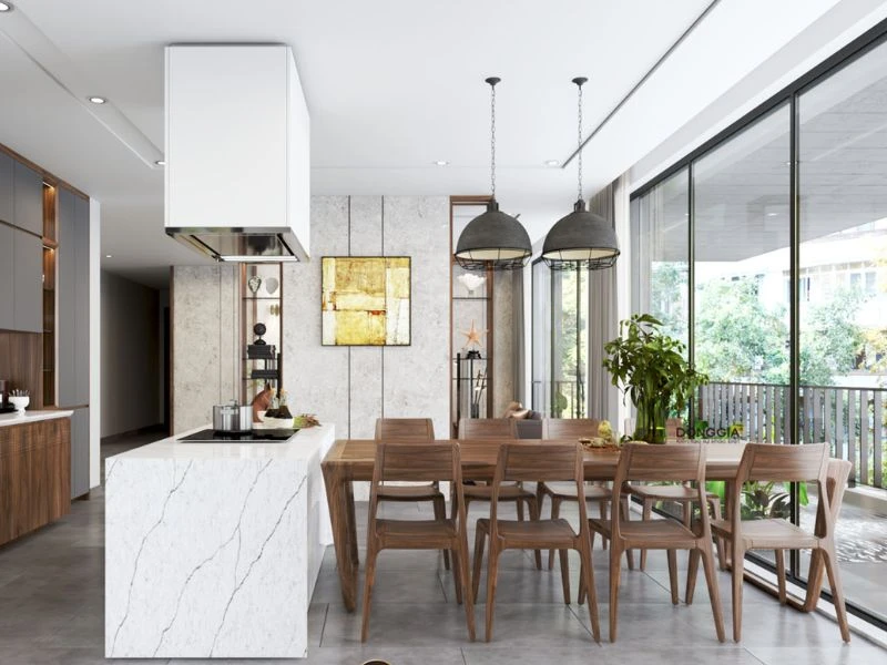 Mẫu thiết kế nội thất phòng bếp với bàn đảo sang trọng và tiện lợi cho căn hộ