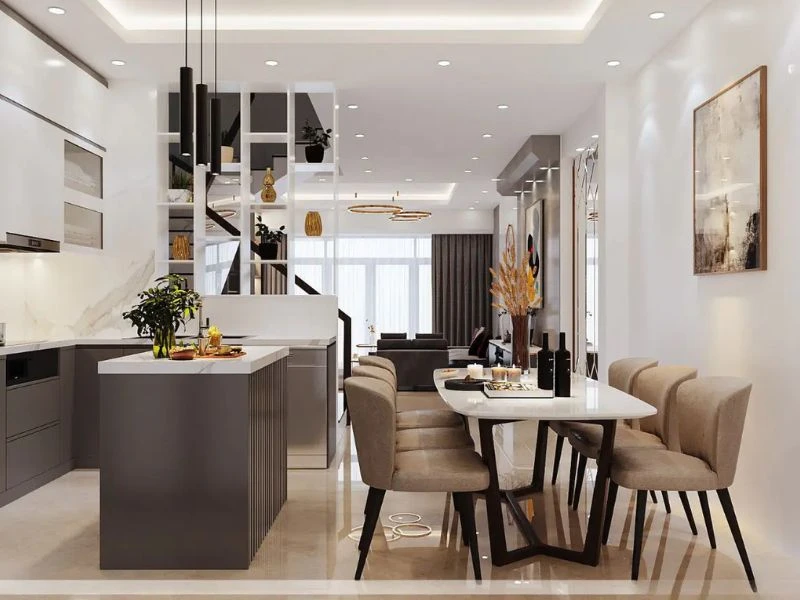 Thiết kế nội thất phòng bếp liền khách không gian mở