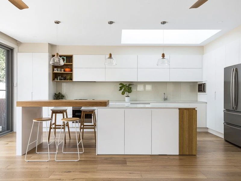 Mẫu thiết kế phòng bếp đẹp đơn giản với tủ bếp liền bàn ăn