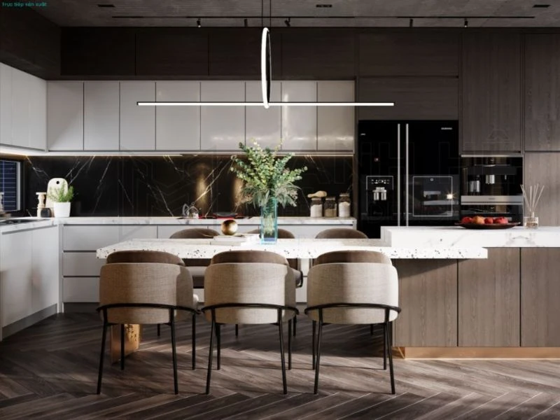 Thiết kế nội thất phòng bếp có tủ bếp, bộ phụ kiện bếp thông minh