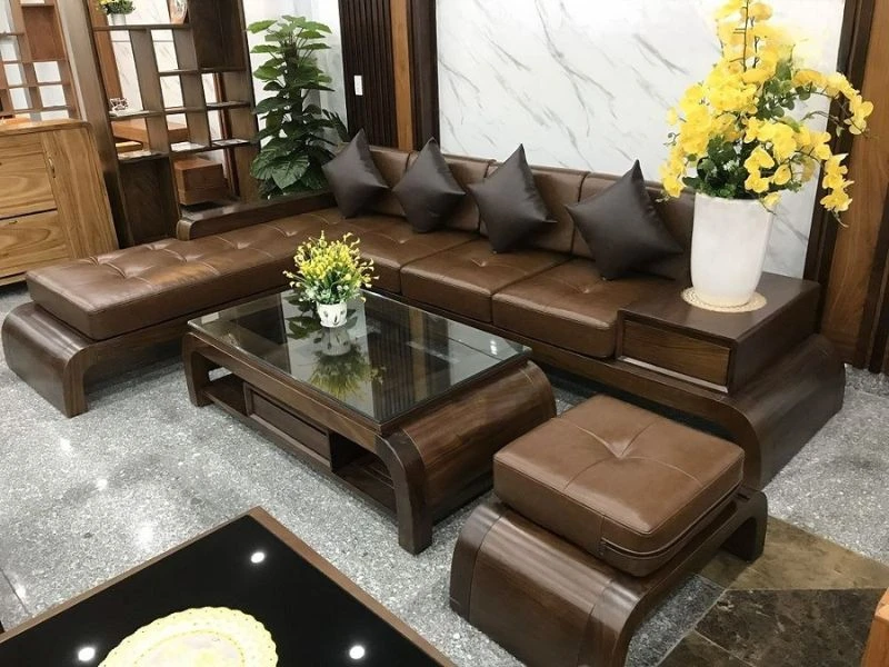 Sofa chữ L gỗ óc chó cho biệt thự tại Hà Nội