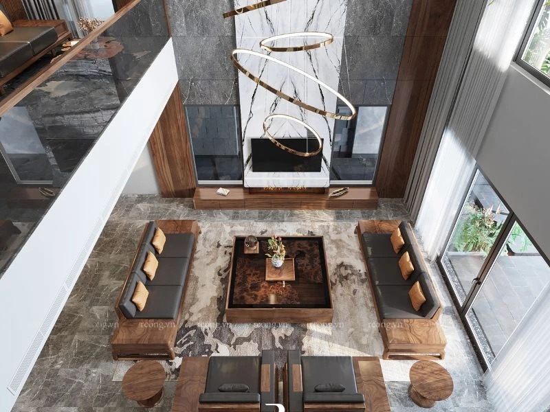 Sofa chữ U gỗ óc chó cho phòng khách rộng 40m² tại Hải Phòng