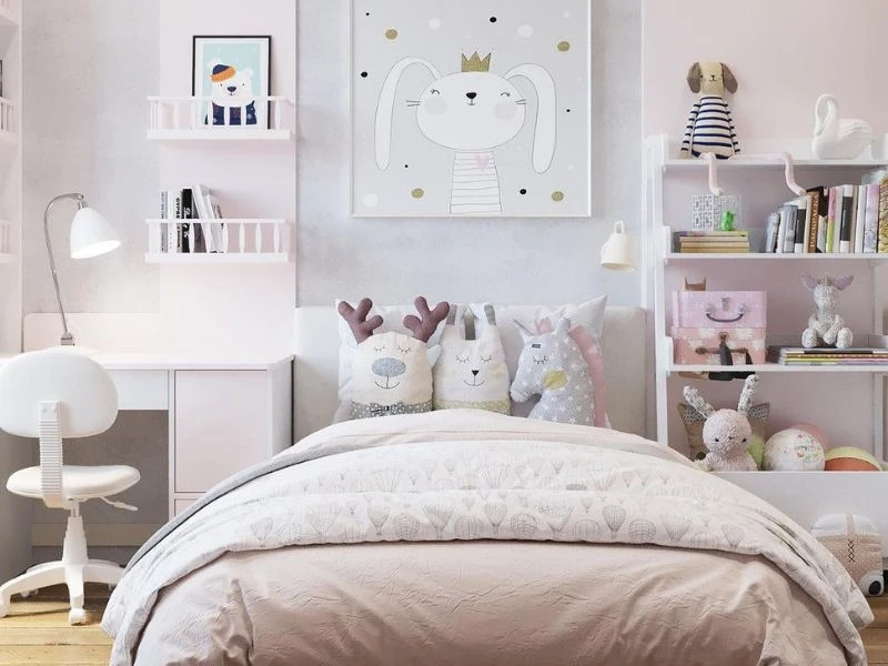 Phòng ngủ màu trắng đơn giản kết hợp pastel