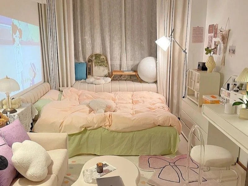 Trang trí phòng ngủ kiểu Hàn Quốc đơn giản bằng kệ tường treo đồ decor nhỏ