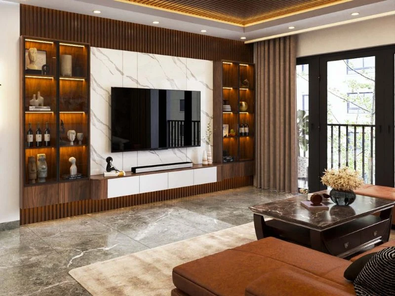 Kệ tủ trang trí phòng khách đẹp đặt sàn tiện lợi