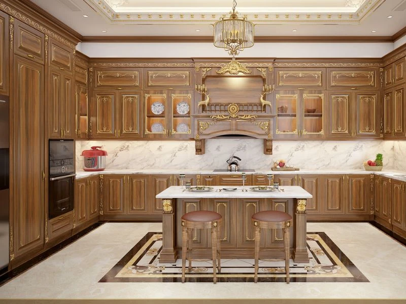 Mẫu tủ bếp tân cổ điển chữ U - sang trọng, đầy đủ công năng