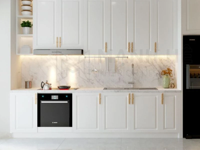 Mẫu tủ bếp tân cổ điển chữ I - gọn gàng, tối ưu không gian