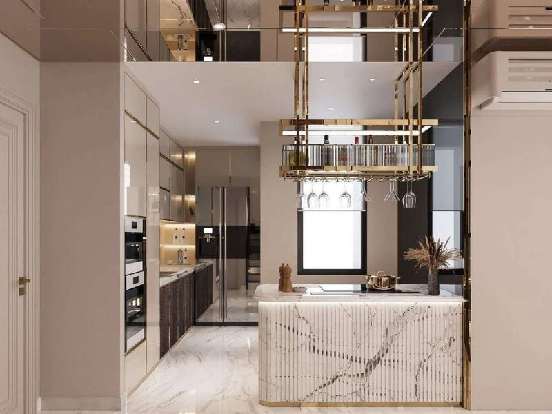 Mẫu tủ bếp tân cổ điển có quầy bar mini