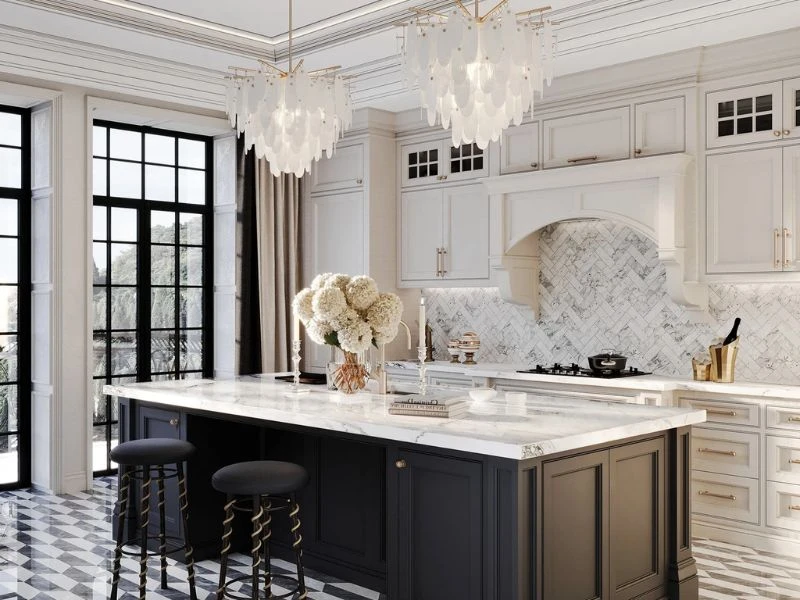 Mẫu tủ bếp tân cổ điển kết hợp đảo bếp hiện đại