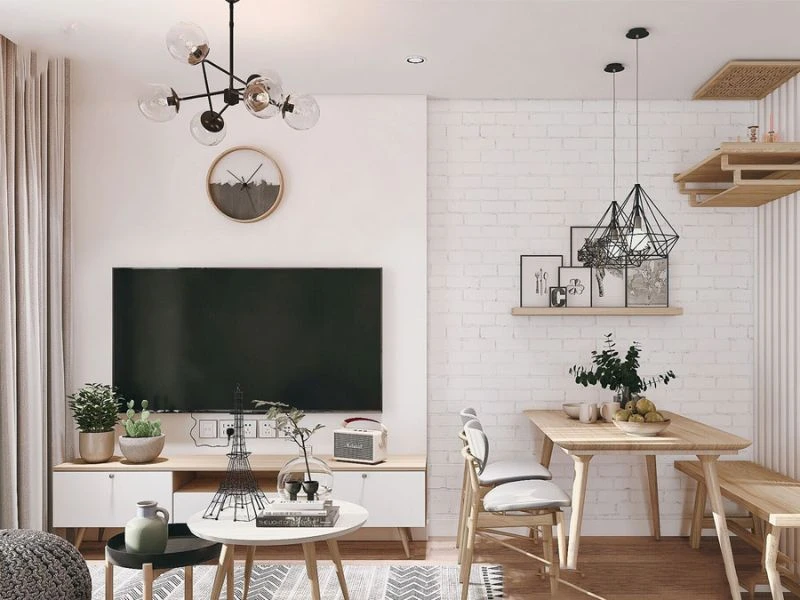 Thiết kế nội thất phòng bếp liền kề phòng khách phong cách Bắc Âu