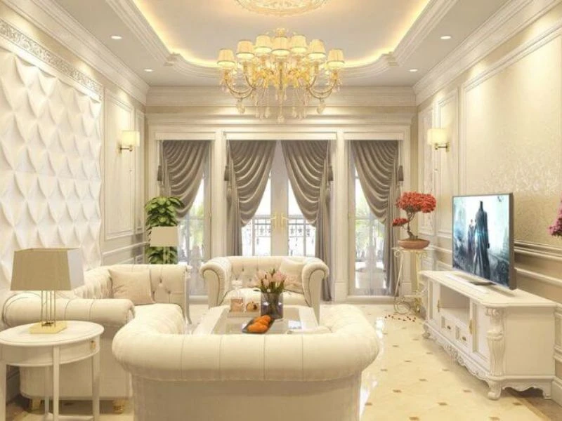 Thiết kế phòng khách tân cổ điển với gam màu lạnh