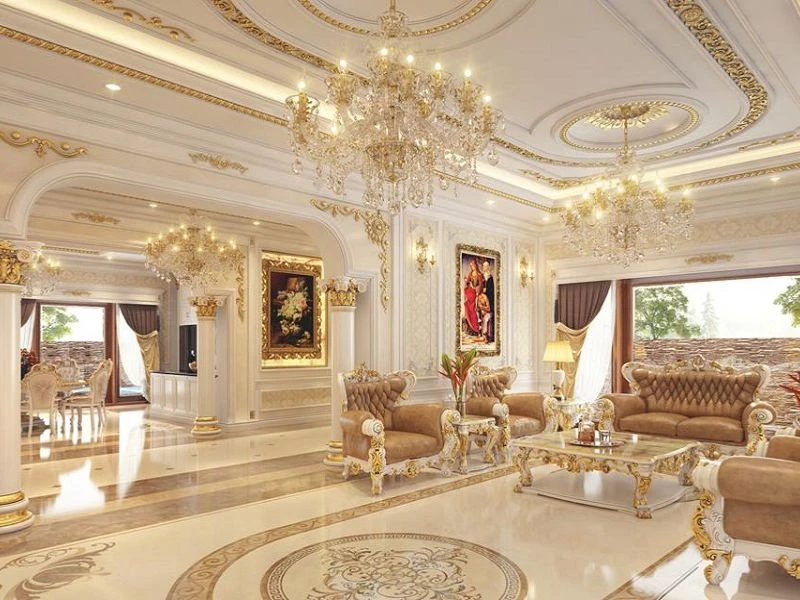 Thiết kế phòng khách liền bếp theo phong cách tân cổ điển