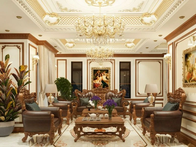 Mẫu phòng khách tân cổ điển với nội thất sử dụng gỗ óc chó đẳng cấp