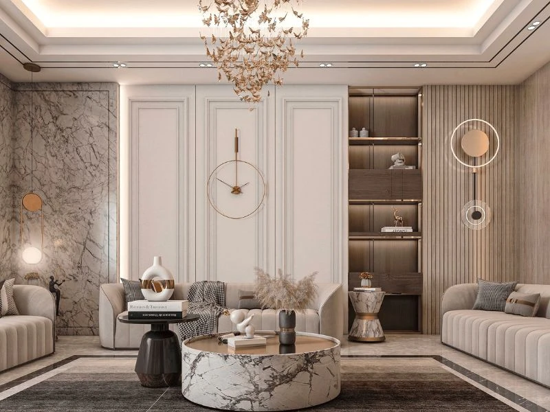 Thiết kế phòng khách tân cổ điển chung cư đẹp kiểu hoàng gia