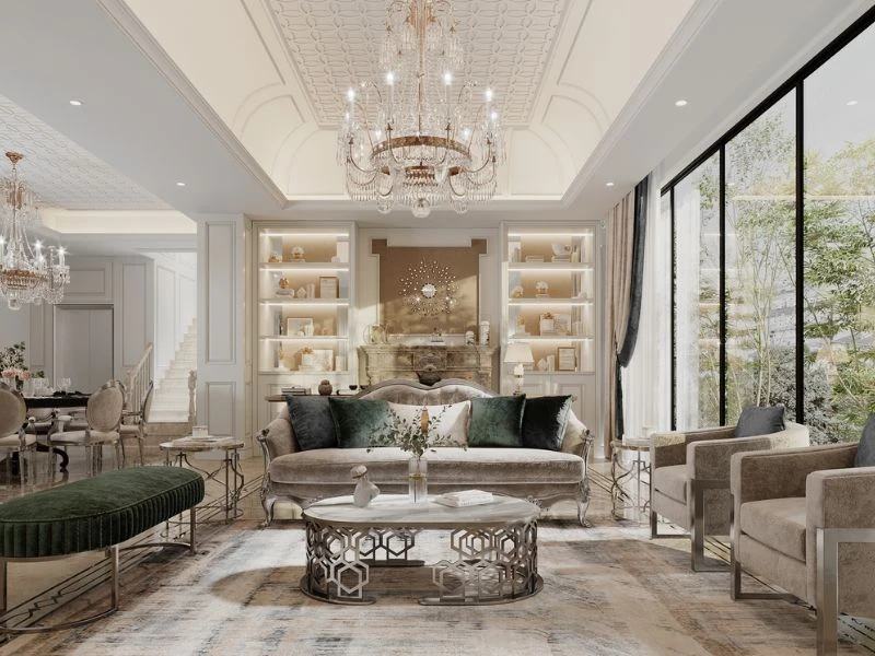 Mẫu thiết kế phòng khách tân cổ điển nhẹ nhàng, đẹp sang trọng