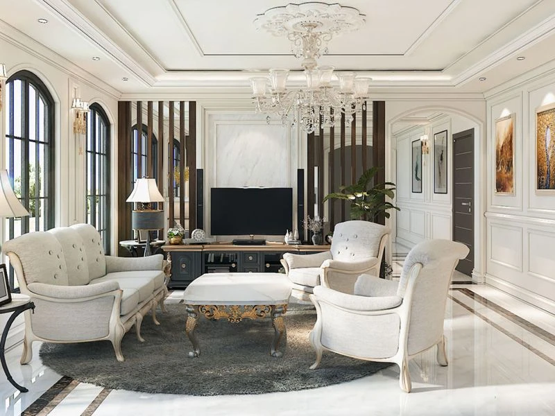 Thiết kế phòng khách tân cổ điển dành cho biệt thự sang trọng