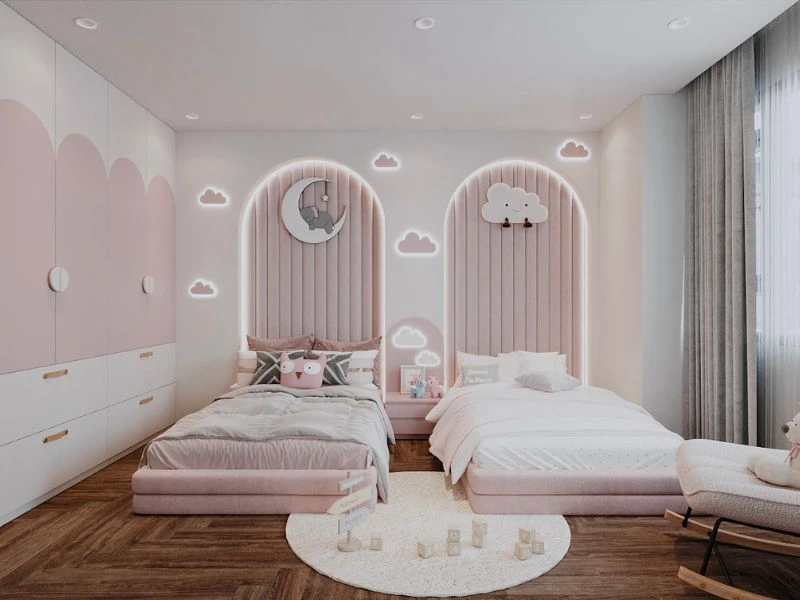 Thiết kế nội thất phòng ngủ bé gái dễ thương, gam pastel, lưu trữ thông minh, thoải mái.