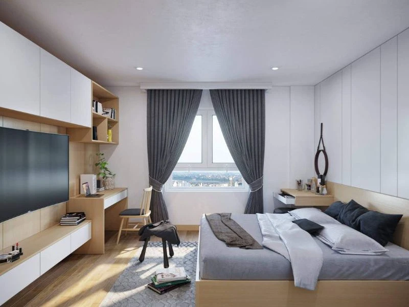 Thiết kế nội thất phòng ngủ hiện đại gọn gàng, tiện nghi và ánh sáng tự nhiên.