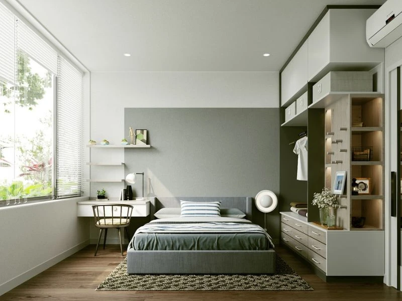 Nội thất phòng ngủ phong cách Bắc Âu, gam màu sáng và cây xanh tạo cảm giác thư giãn.