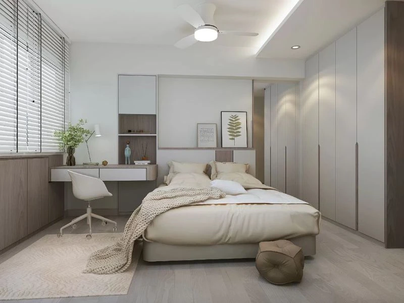 Thiết kế nội thất phòng ngủ vợ chồng tiện nghi, giường lớn và ánh sáng dịu ấm.