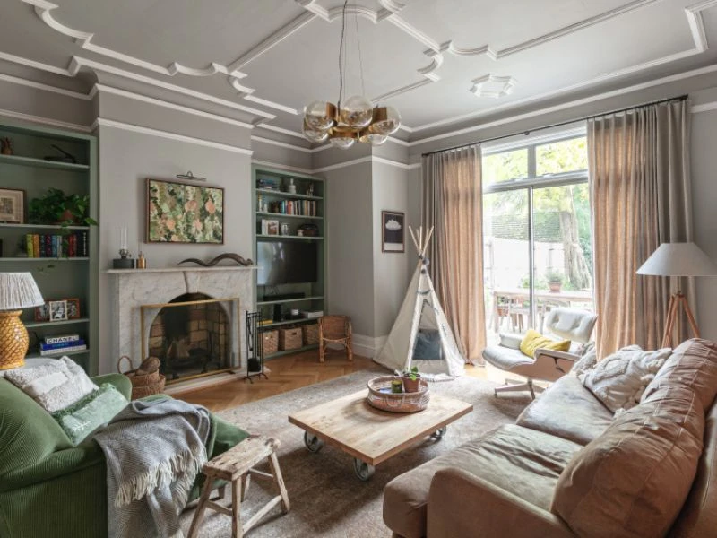 Decor phòng khách nhỏ phong cách vintage kết hợp phòng đọc sách