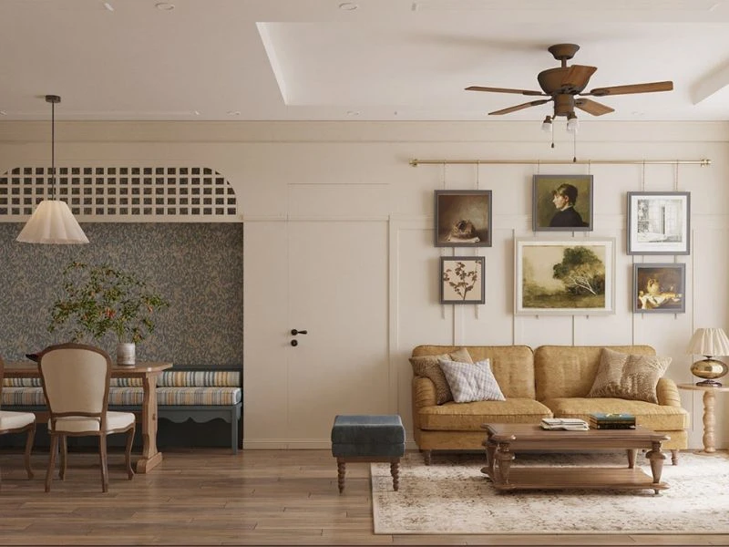 Decor phòng khách nhỏ phong cách vintage gam màu pastel