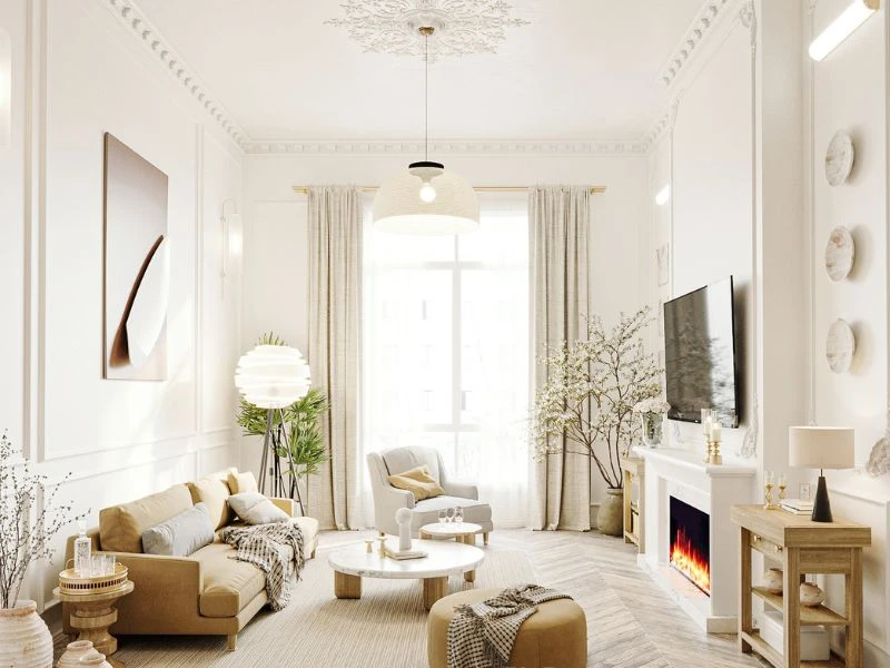 Decor phòng khách nhỏ phong cách vintage với tông trắng vàng chủ đạo