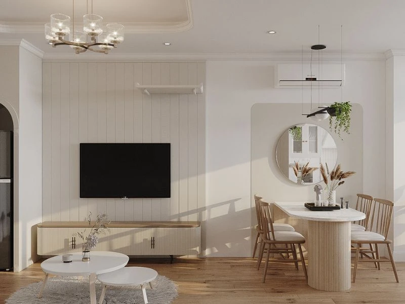 Decor phòng khách nhỏ phong cách vintage gam màu xám 