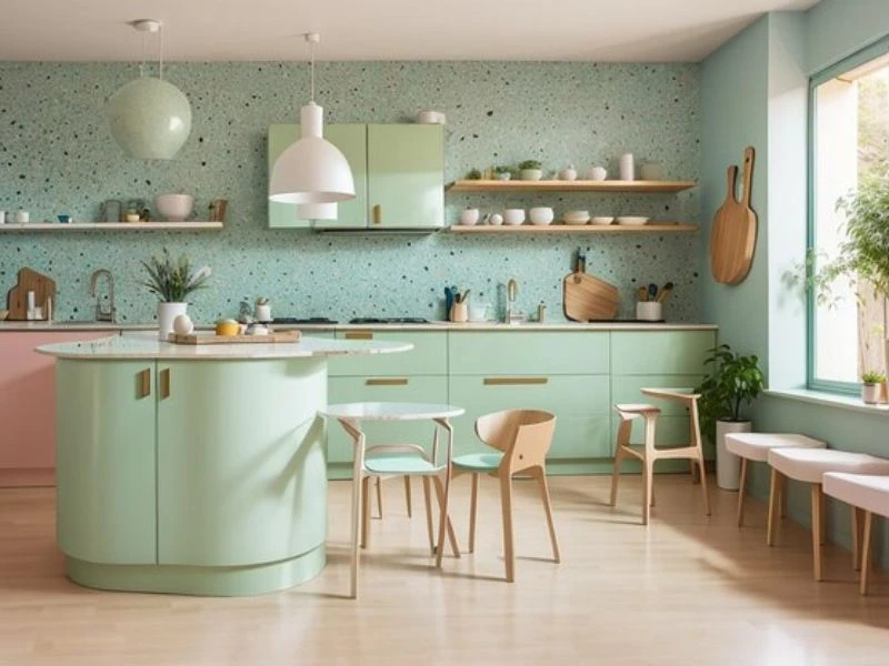 phòng bếp với bảng màu pastel