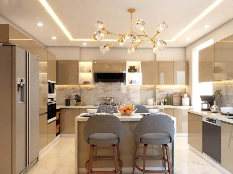 thiết kế với tủ bếp chữ U cho biệt thự và nhà phố