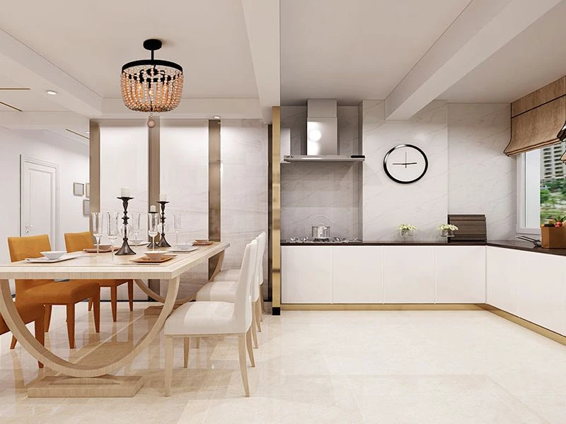 thiết kế đẹp đơn giản với tủ bếp liền bàn ăn