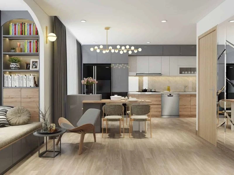 phòng bếp có tủ bếp, bộ phụ kiện bếp thông minh